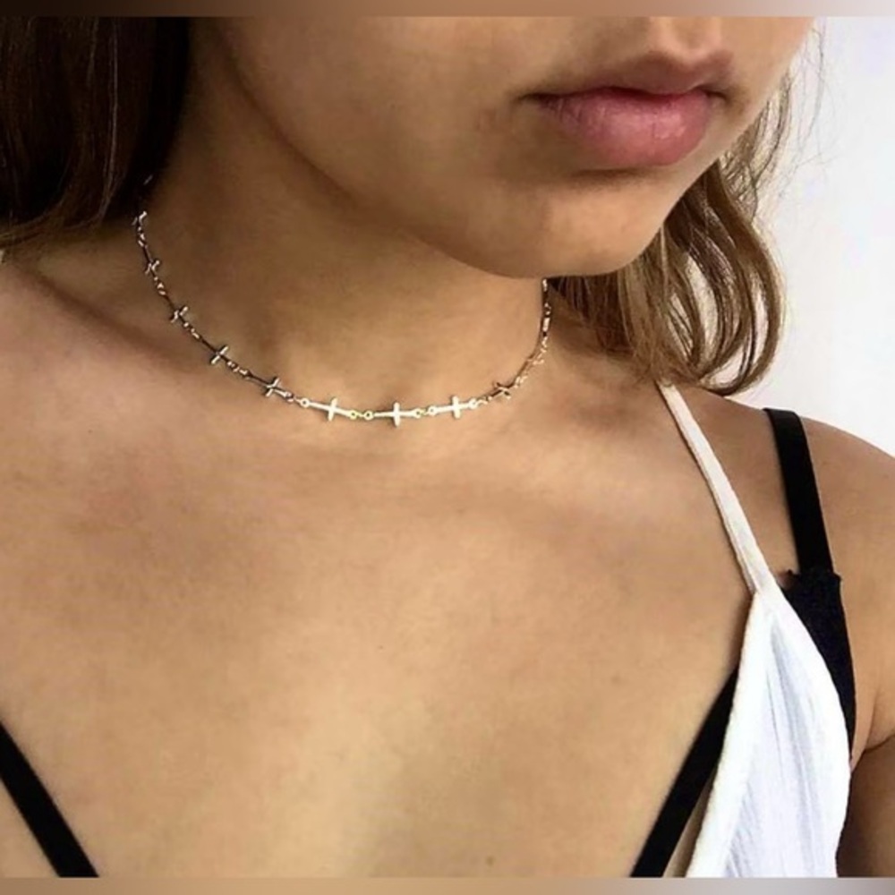 Cross Choker Silver Trendy Christian Faith Cute Necklace 12”-16.5”
